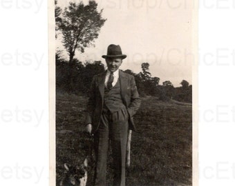 French 1930's Photo - Man Stood Outside with a Dog