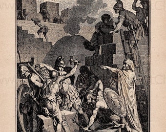 French Antique Religious Image Book Page - Rebuilding the Temple in Jerusalem
