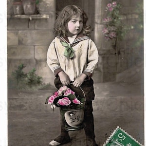 Cartolina francese antica di Capodanno - Ragazzo con un secchio di fiori