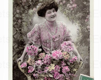 French Antique Postcard - Woman in Pink with a Large Basket of Flowers