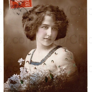 Old French Postcard - Woman with Flowers