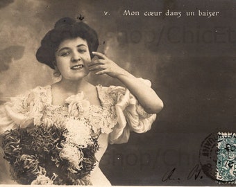 Antique French Postcard - Woman with Flowers 'My Heart in a Kiss'