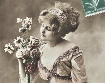 French Romantic Postcard Young Woman Daydreaming Etsy