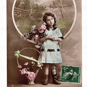 Old French Birthday Postcard - Cute Girl in Turquoise with Flowers