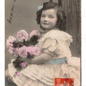 Old French Postcard c.1908 - Girl Sat on a Wall with Flowers