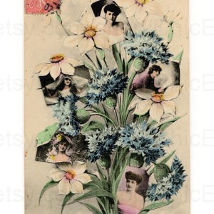 Könnte beinhalten: Vintage Postkarte mit einem Blumendesign aus weißen Gänseblümchen und blauen Kornblumen, mit kleinen Porträts von Frauen. Die Postkarte hat ein verblasstes Aussehen und eine Briefmarke in der oberen linken Ecke. Der Text "Qu'elles vous apportent la Joie" steht unten.