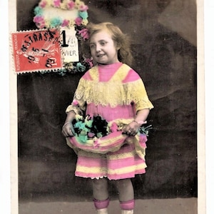 Antique French New Year Postcard - Young Girl with Flowers