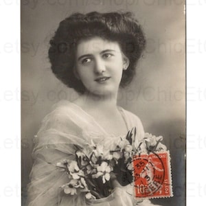 French Antique Postcard - Woman with Flowers