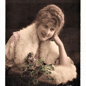 French Antique Postcard - Woman with Fur, Flowers & Holly