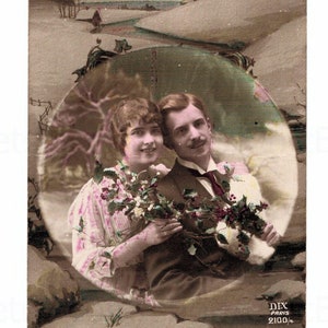 Vintage New Year Postcard - Couple with Holly