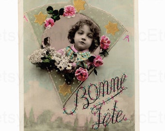 Old French Postcard - Cute Boy in a Kite