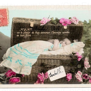 French Antique Postcard - Baby in a Hamper
