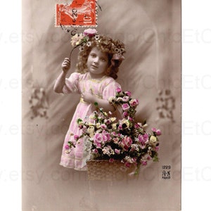 French Postcard c.1912 - Little Girl in Pink with Flowers