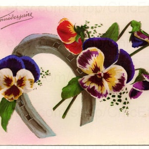 Vintage Floral Postcard - Pansies and a Horseshoe