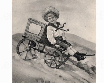 Antique Postcard - Little Boy Going Downhill on a Cart