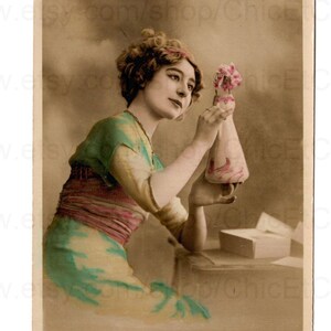 French Antique Postcard  -  Woman Holding a Vase of Flowers