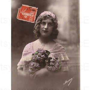 Old French Postcard - Woman with Flowers