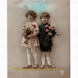 1930's French Birthday Postcard - Cute Kids with Flowers