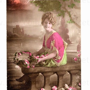 Old Unused French Birthday Postcard - Woman Sat with Flowers