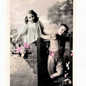 Old French Postcard - Boy and Girl at a Garden Gate