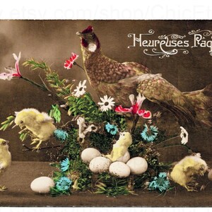 French Vintage Easter Postcard - Hen with Chicks and Eggs