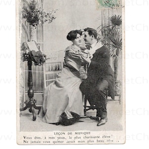 Antique French Postcard - The Music Lesson