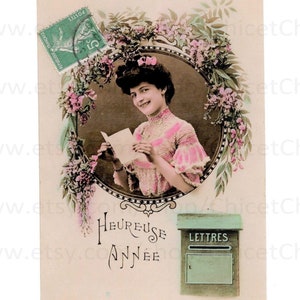 Old French New Year Postcard - Woman Reading a Letter