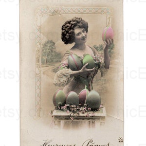 French Antique Easter Postcard - Woman with Easter Eggs