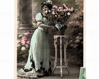 French Antique Postcard - Woman in Turquoise with Flowers