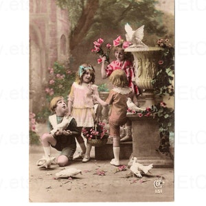 Old French Postcard - Children with Doves and Flowers