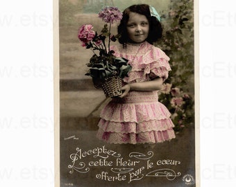 French Antique Postcard - Cute Little Girl in Pink Holding a Plant