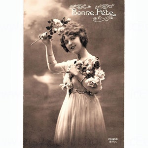 Vintage French Postcard - Woman with Flowers