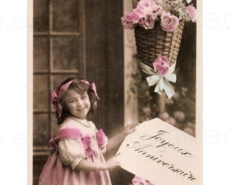 Vintage French Postcard - Little Girl in Pink Dress