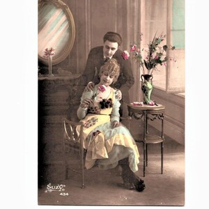 Old Unused Postcard - Couple Looking at a Flower