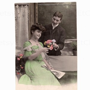 Unused Romantic Postcard - Man Giving a Woman Flowers