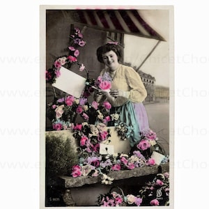 French Antique Postcard - Woman with a Flower Stall