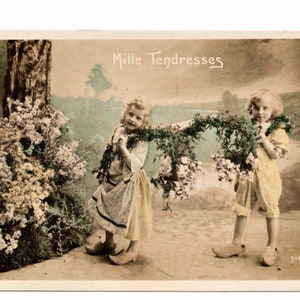 French Antique Postcard - Children in Clogs Carrying Flowers