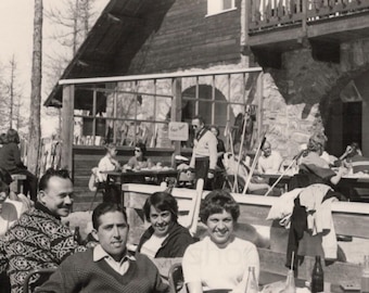 Vintage French Photo - Group of People at a Ski Resort Café Bar