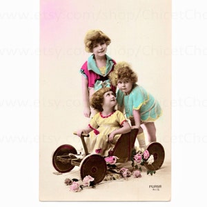 Vintage Postcard - Cute Kids with a Toy Cart