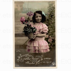 French Antique Postcard - Cute Little Girl in Pink Holding a Plant