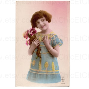 Unused Vintage Postcard - Girl in Turquoise with Flowers