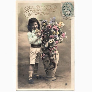 French Antique Postcard - Young Boy with Large Vase of Flowers