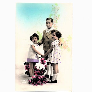 1930's French Postcard - Cute Kids with Flowers