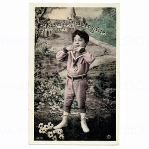 French Vintage Birthday Postcard - Cute Young Boy