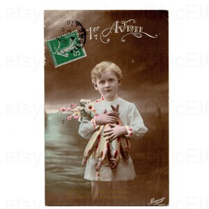 French Postcard - Poisson D'Avril / April 1st Boy Holding Fish & Flowers