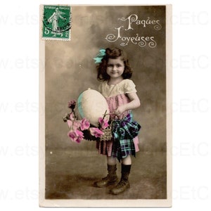 French Easter Postcard c. 1909 - Little Girl with a Basket and a Large Egg