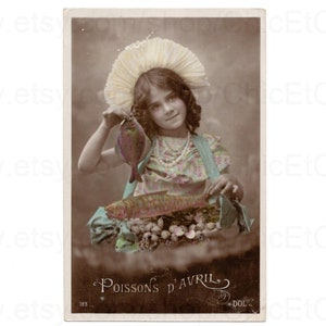 French Postcard - Poisson D'Avril / April 1st Girl with Fish & Cockle Shells