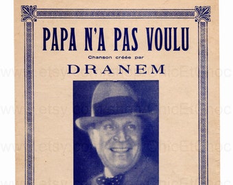 Vintage French 1930's Song / Sheet Music - 'Dad Wouldn't' by Dranem