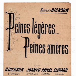 Antique French Song / Sheet Music  - Light Sorrows, Bitter Sorrows
