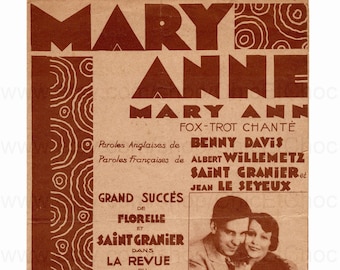 Vintage French Art Deco Style Song / Sheet Music of 1928 - Mary Anne